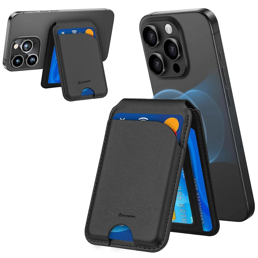 Phone case with card holder attached to a smartphone on a white background