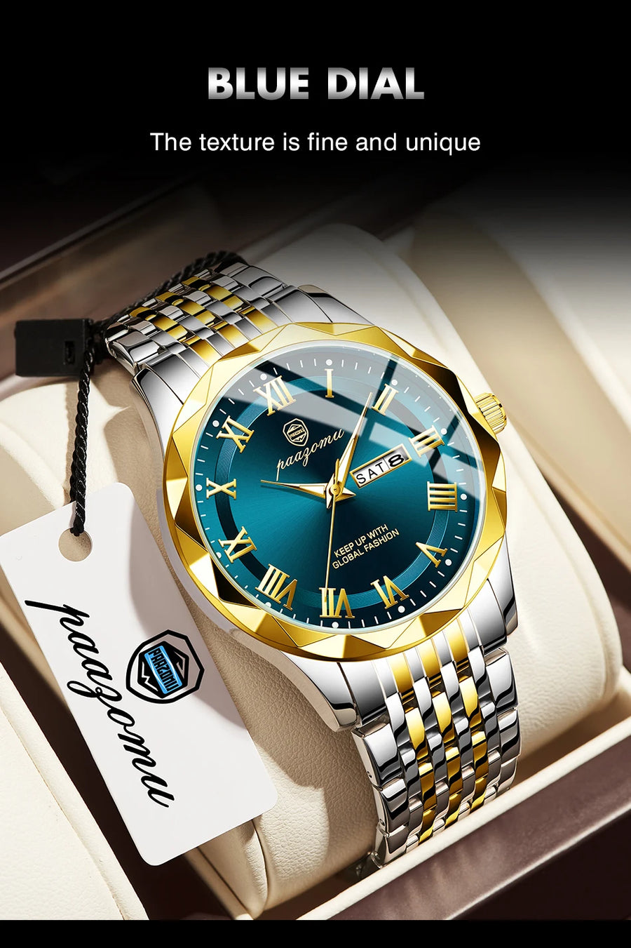 Men's minimalist quartz leisure watch – luxury watch with blue dial and gold accents in box with brand tag