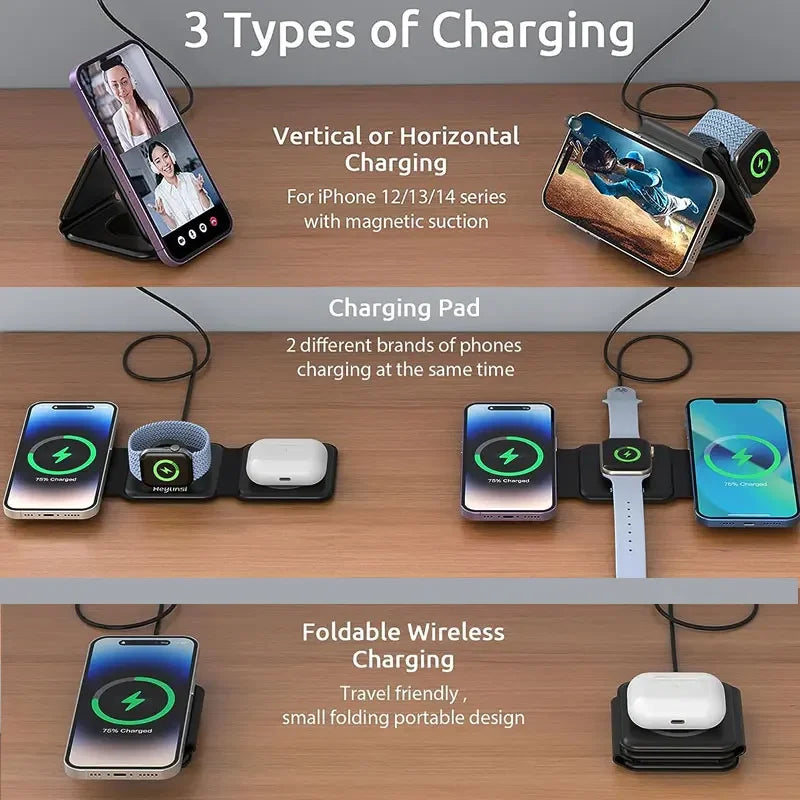 3-in-1 MagSafe Wireless Charging Station – Foldable Magnetic Travel Charger for iPhone