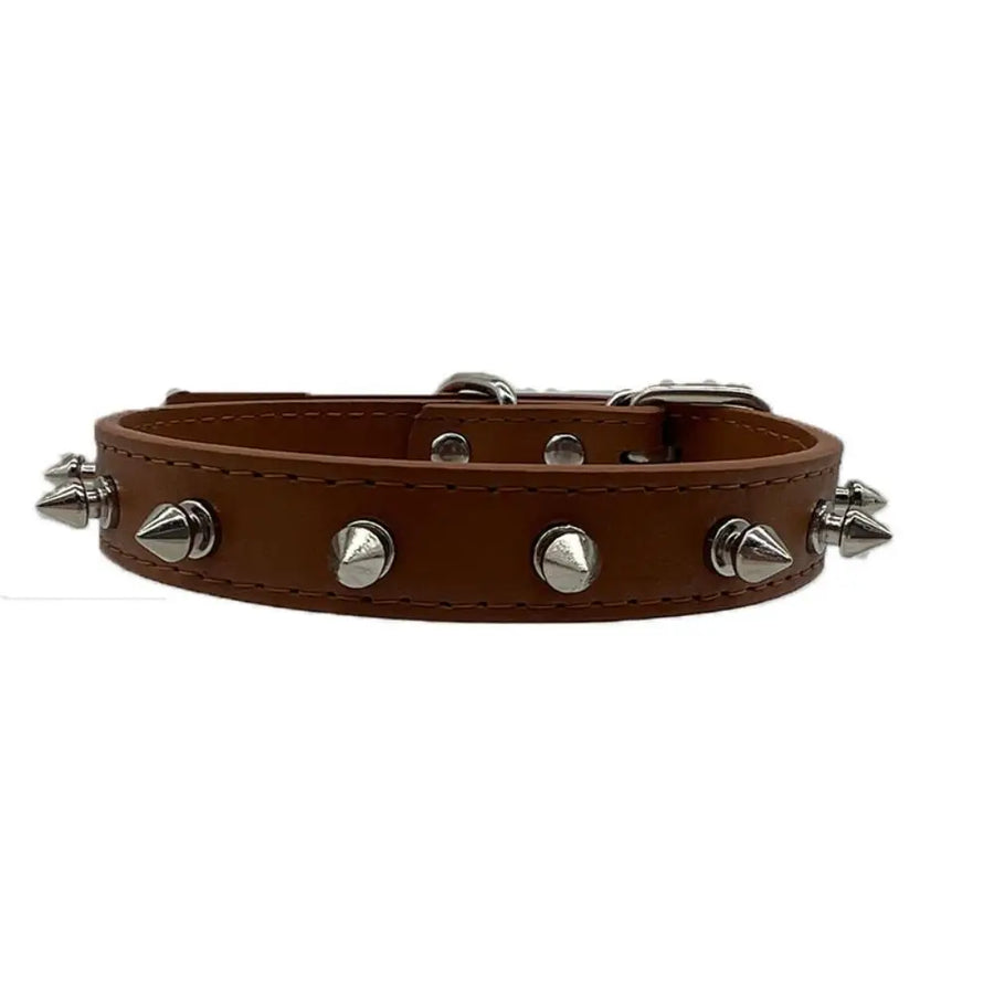 Brown spiked dog collar – PU leather studded collar with silver spikes on white background