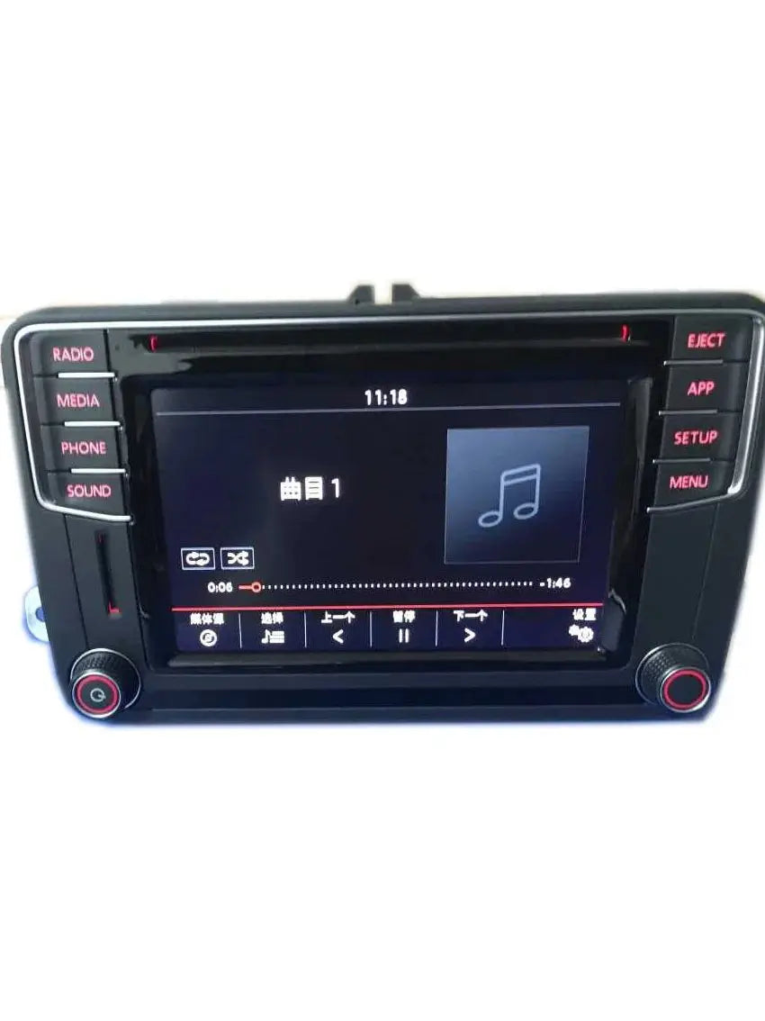 Car multimedia system with touchscreen display on a white background