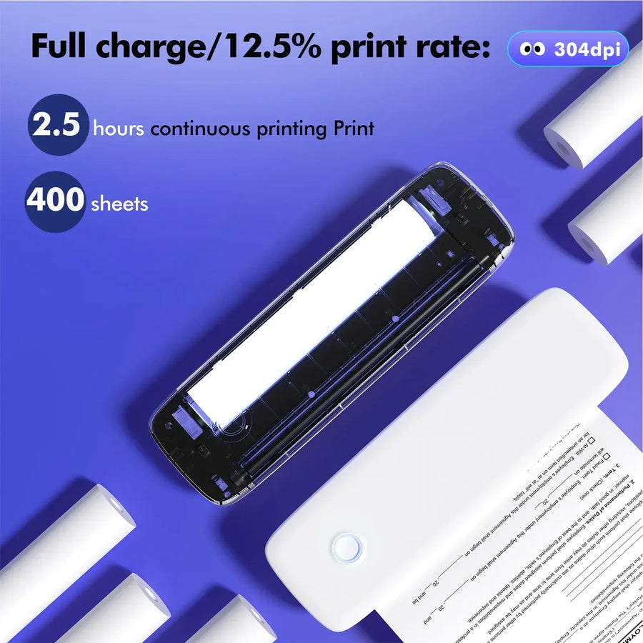 Portable Bluetooth thermal label printer with print speed and capacity details on a blue background — wireless inkless label maker