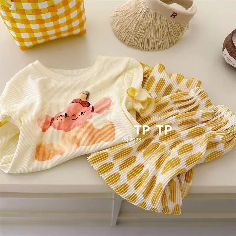 Kids Cartoon Print Clothing Set – Short Sleeve Top + Polka Dot Wide Leg Pants
