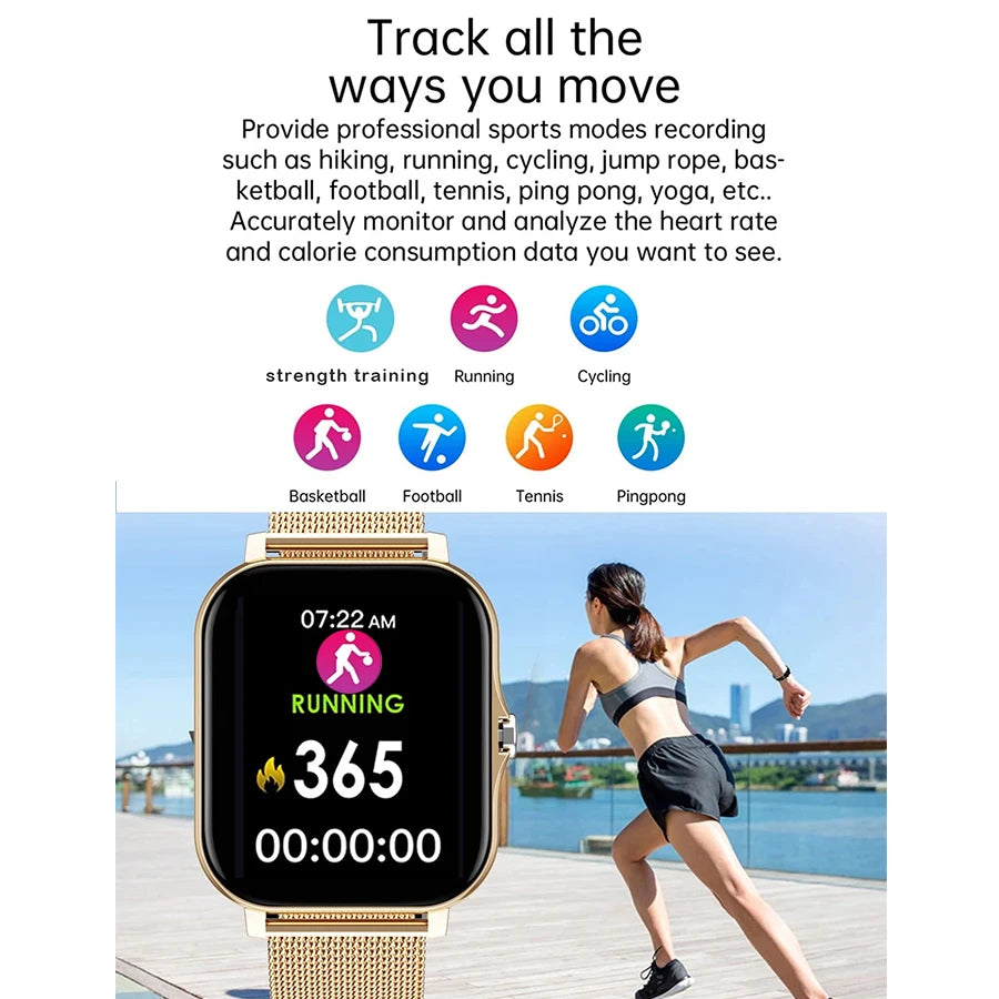 Smartwatch with fitness tracking features displayed, alongside a person running outdoors.