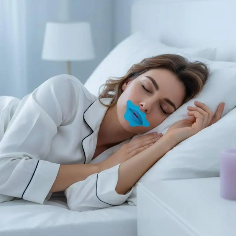 Anti-Snoring Sleep Tape - woman lying in bed with eyes closed wearing white pajamas, blue lip-shaped patch on mouth