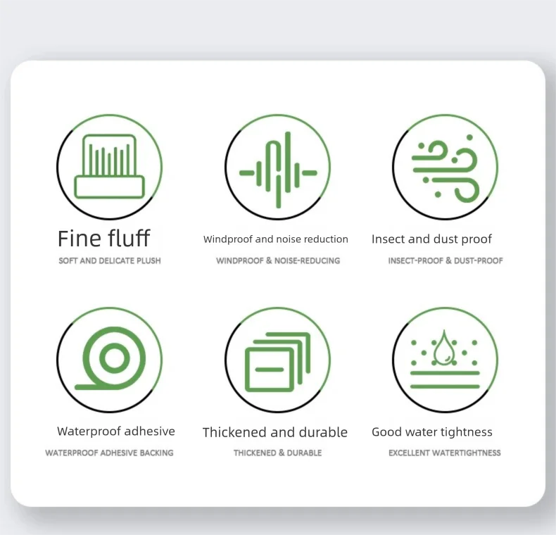 Set of icons and text describing features of a product on a white background