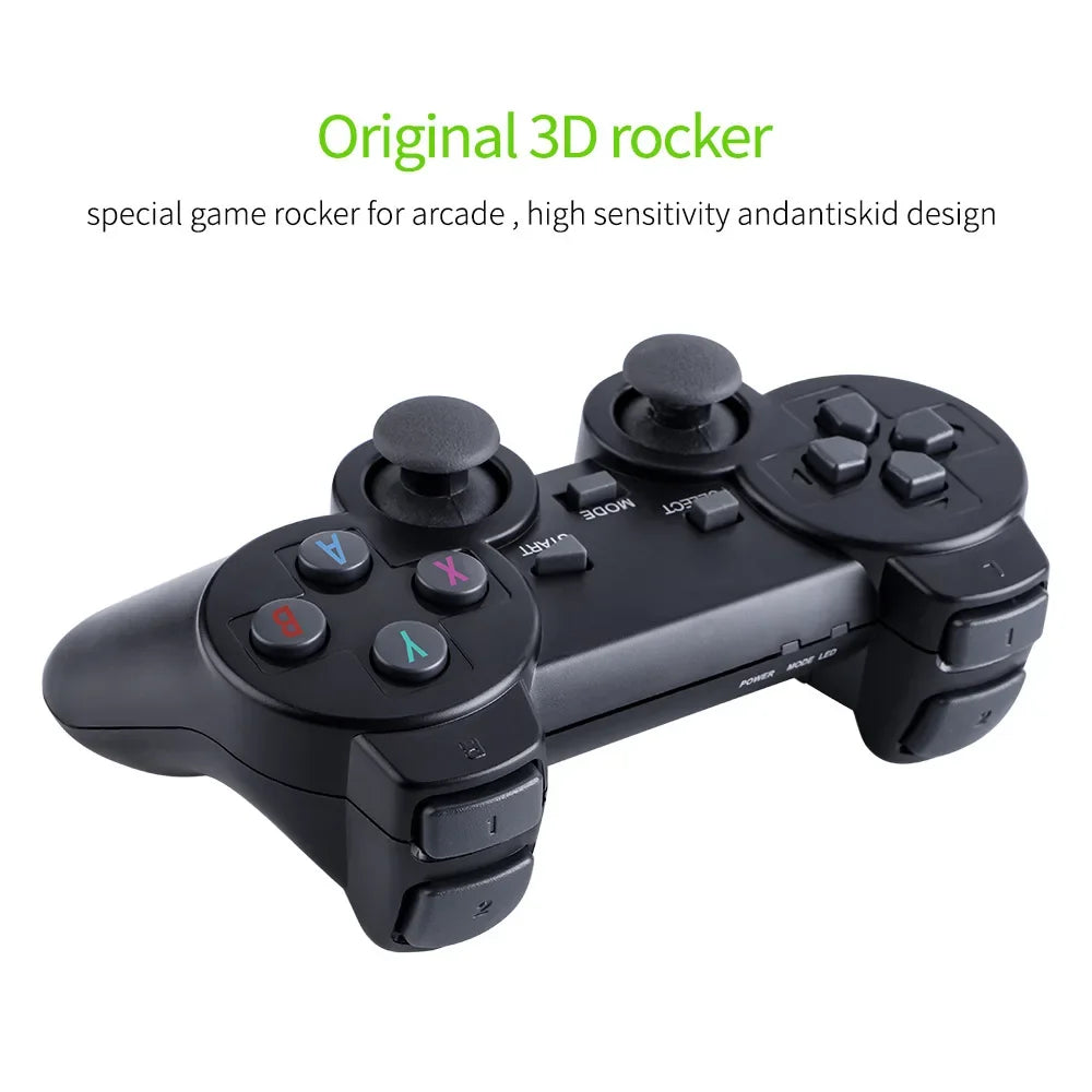 Black game controller with 3D rocker design on a white background