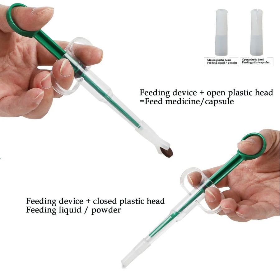 Green pet pill feeder syringe with open and closed soft plastic tips held by hands – feeding device for medicine capsules or liquid for dogs and cats