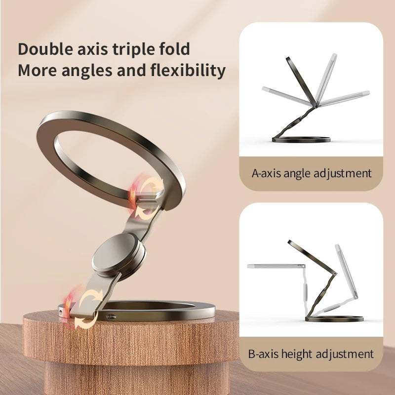 Double-sided MagSafe phone holder ring stand with adjustable axes on wooden surface