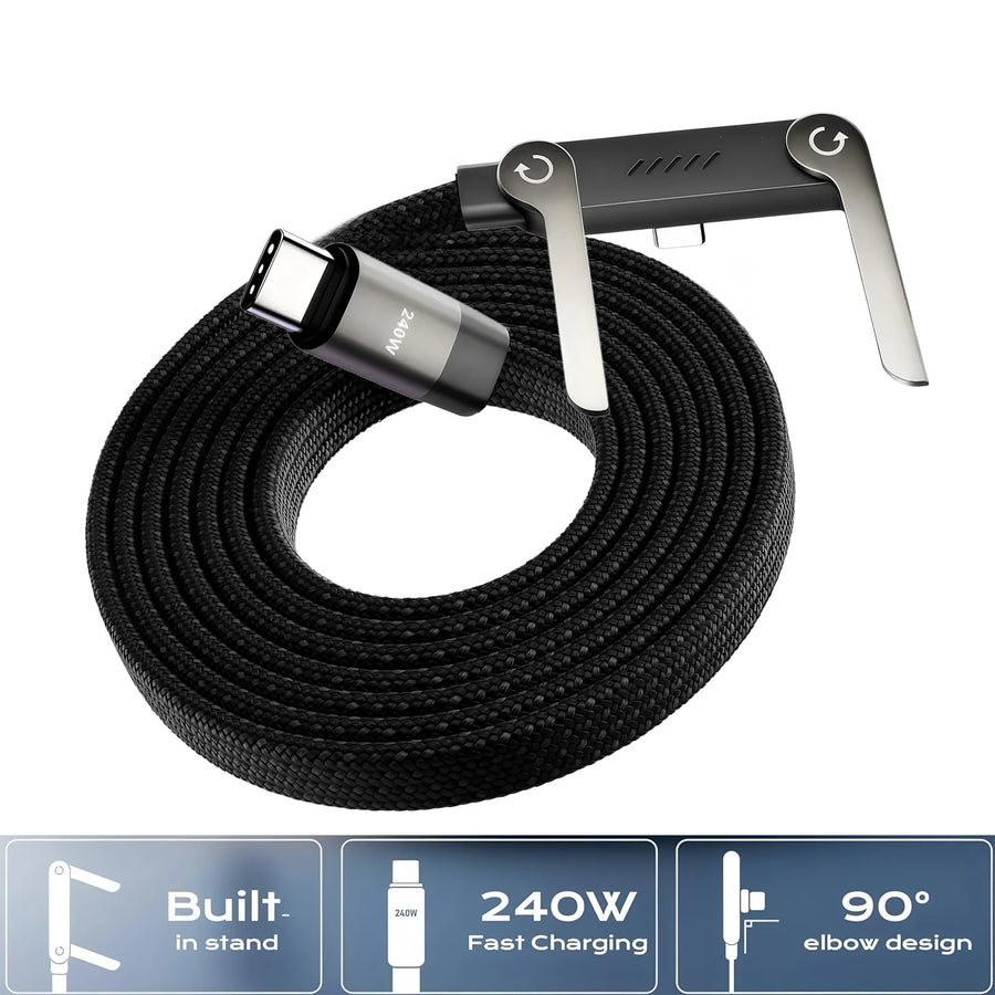 240W 2-in-1 Braided Type-C Cable with Foldable Stand – for Phones & Laptops