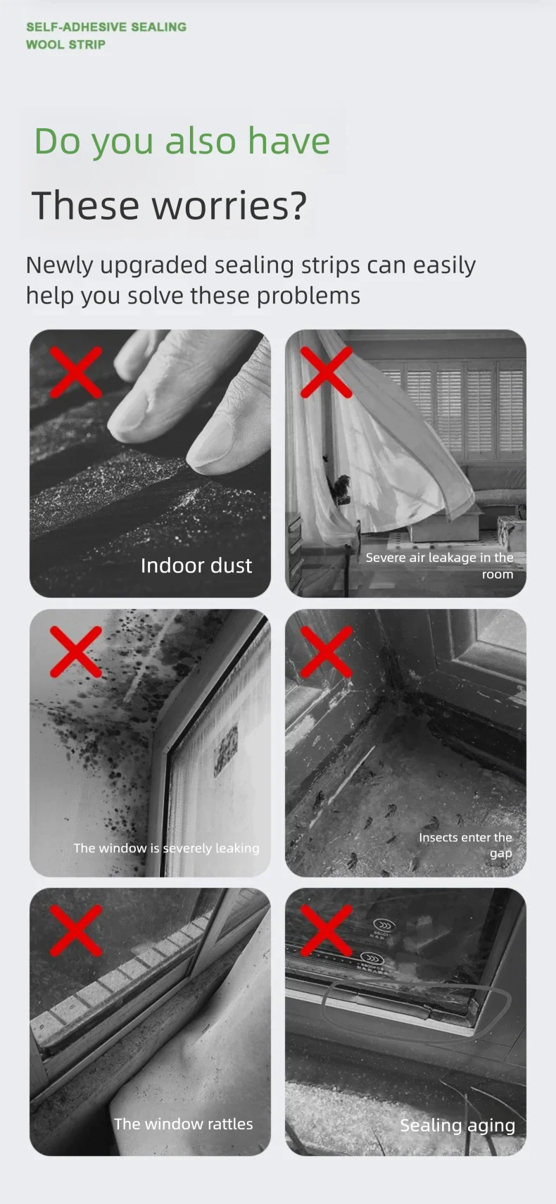 Advertisement showing images of window issues with red 'X' marks, accompanied by text about sealing strip solutions.