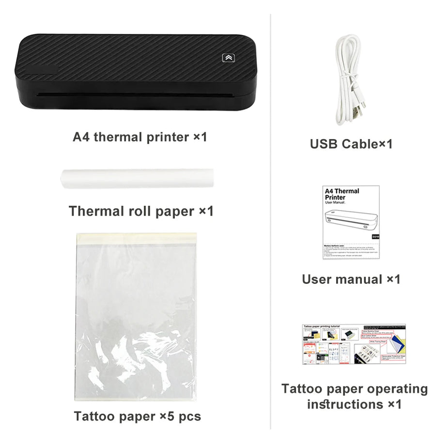 A4 thermal printer with accessories on a white background — portable wireless Bluetooth inkless mini printer