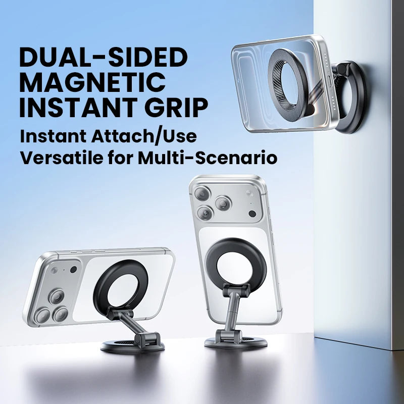 Dual-Ring MagSafe Phone Stand – Metal Tri-Fold, Double-Sided Strong Magnetic Holder