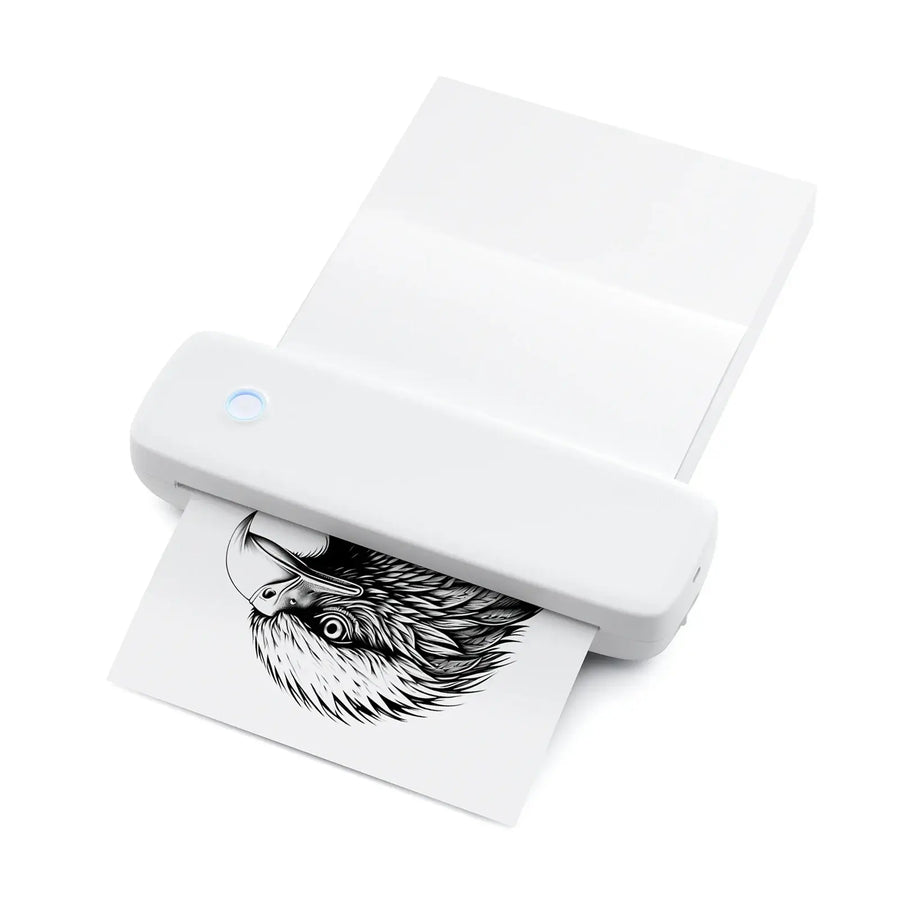 White portable Bluetooth thermal label printer with printed bird design on a white background — wireless inkless label maker