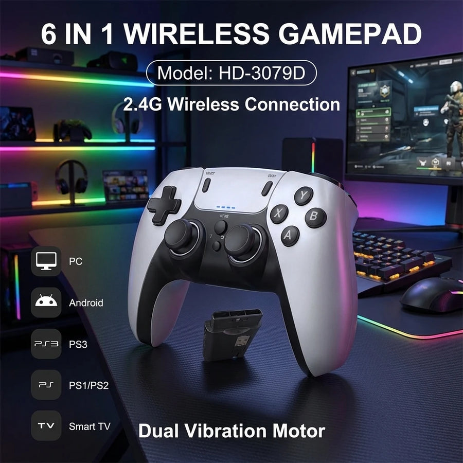 6-in-1 wireless gamepad with charging cable on a gaming setup background