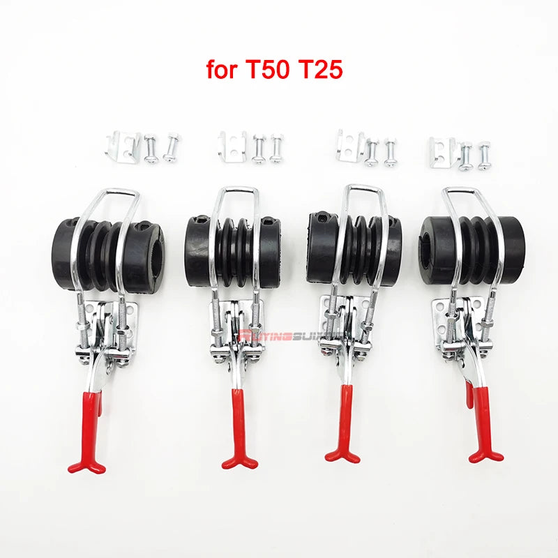 Four DJI Agras spray drone transport fixing clips with black rubber rollers, silver metal brackets and red handles arranged in a row on white background