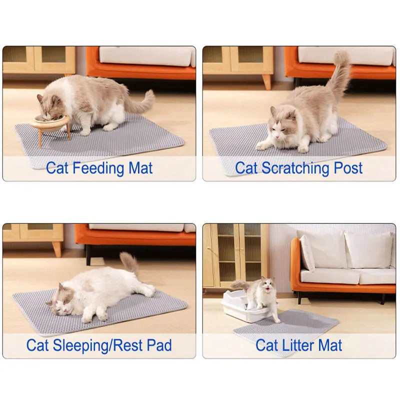 Collage of cat products including a feeding mat, scratching post, sleeping rest pad, and double-layer cat litter trapping mat