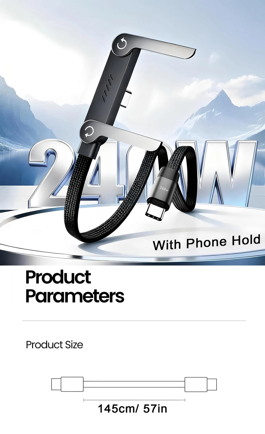 240W Type-C fast charging cable – product parameters graphic showing cable with phone holder and 145cm size