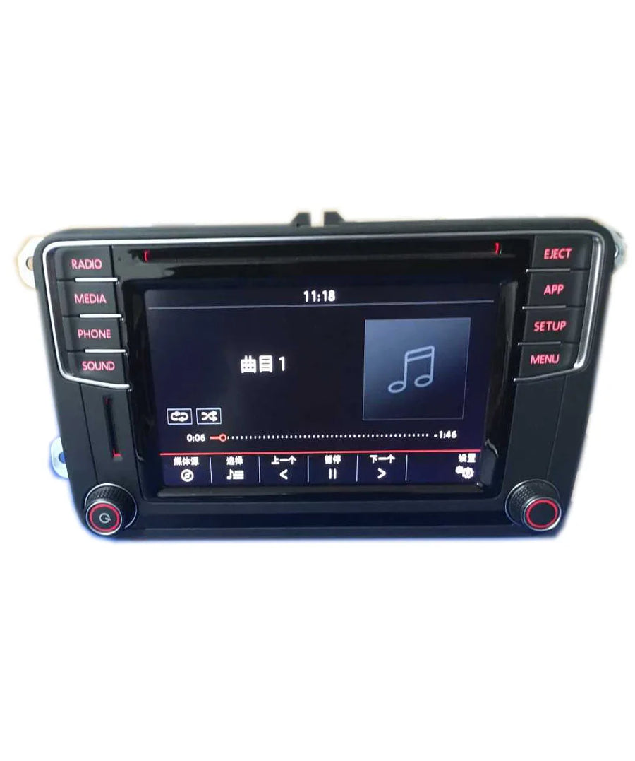 Car multimedia system with touchscreen display on a white background
