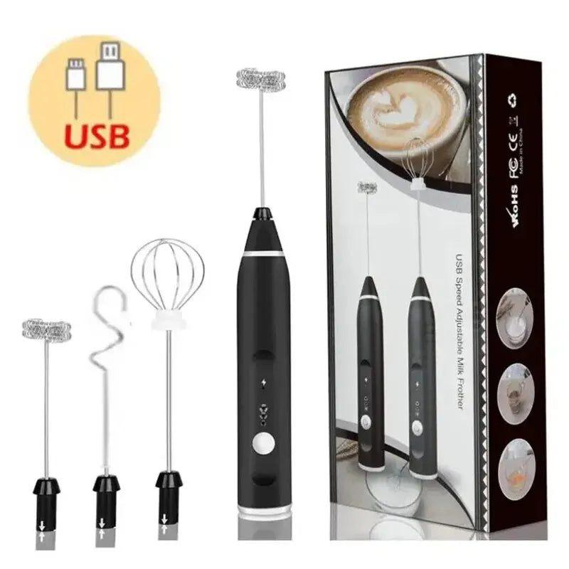Handheld USB rechargeable milk frother with three stainless steel whisk attachments and retail box