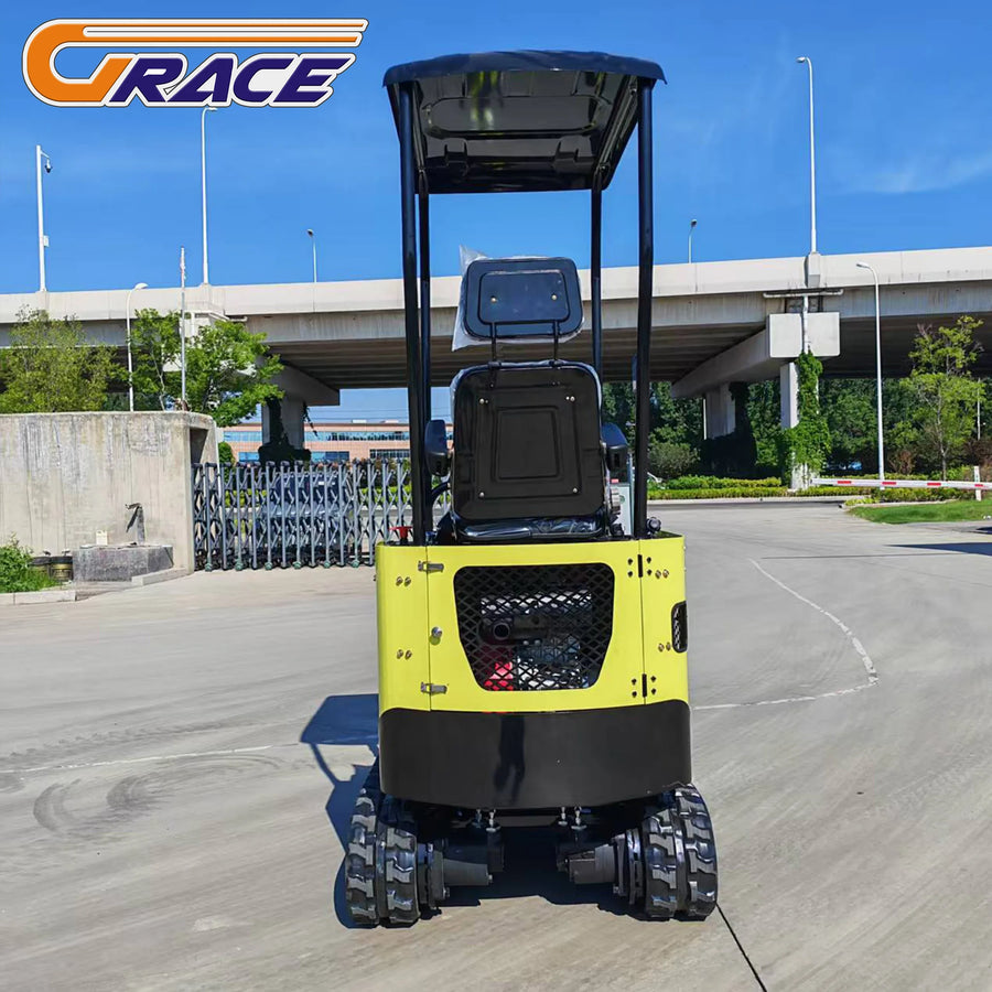 1.8 ton mini excavator – rear view of yellow and black crawler digger with canopy and tracks
