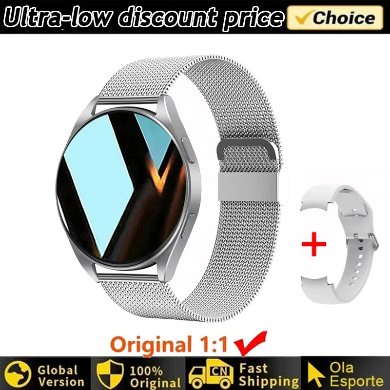 Silver Women's Smart Watch 6 with additional band on white background with promotional text