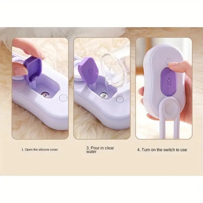 Step-by-step instructions for using the purple pet steam brush – 3-in-1 deshedding grooming comb with steam spray