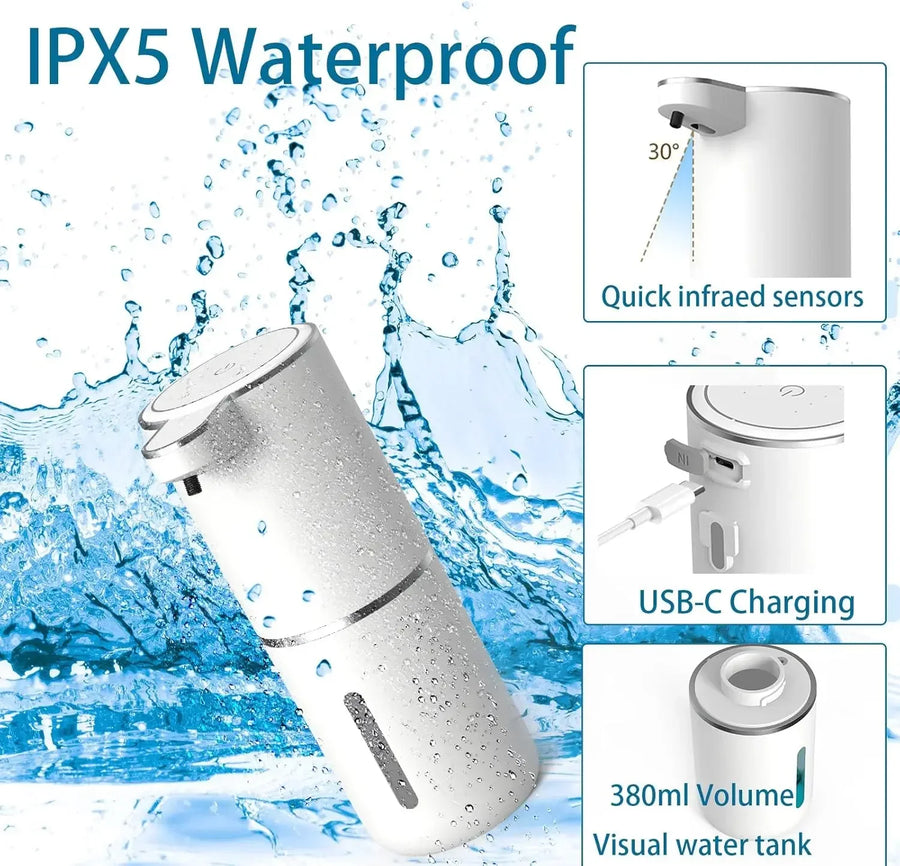 White handheld device with water splashes and features highlighted, including IPX5 waterproof rating.