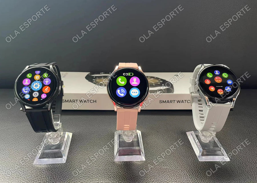 Three Women's Smart Watch 6 smartwatches on stands with colorful displays on dark background