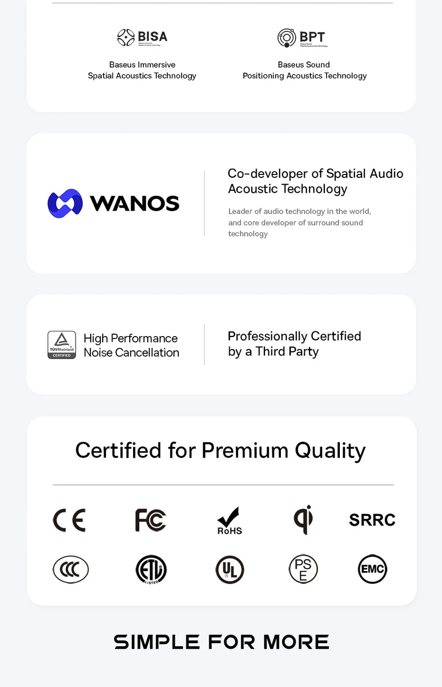 List of certifications and features on a white background