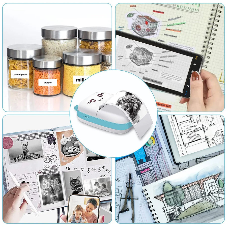 Printed label design examples on jars, phone and mouse — mini Bluetooth thermal printer