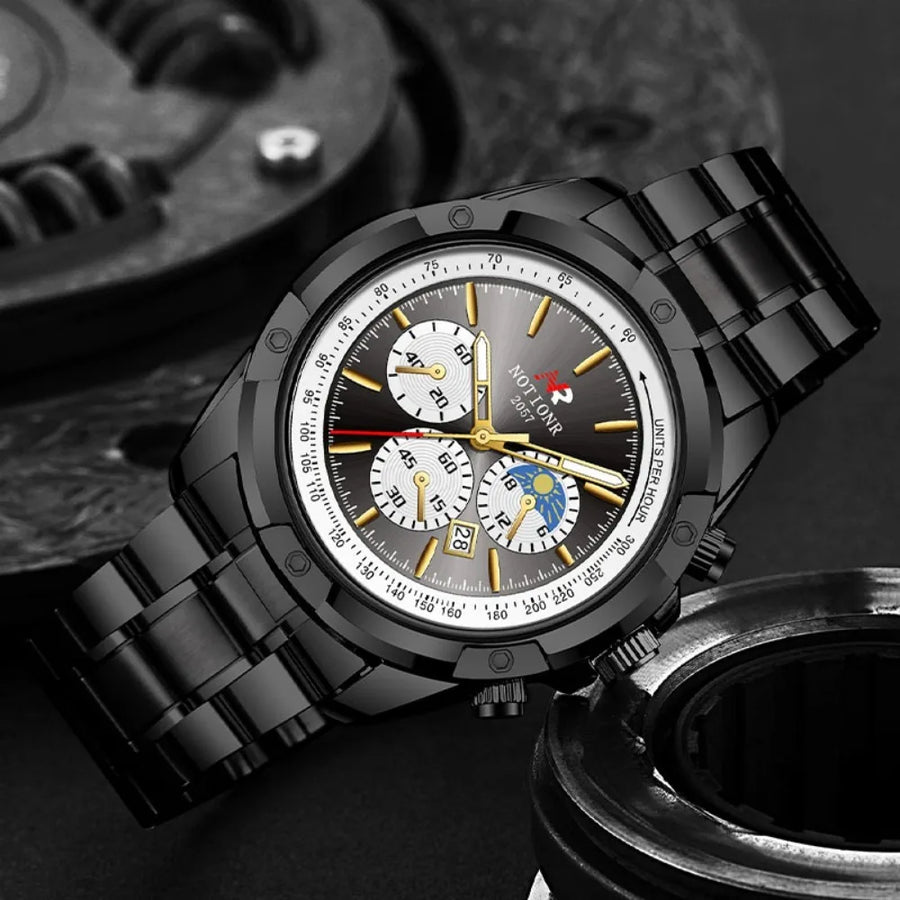 Black wristwatch with detailed face on a dark background