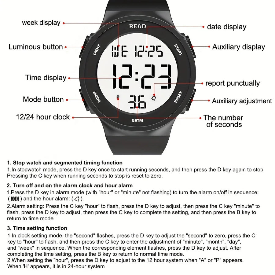 Women's LED Digital Watch, Waterproof Sport Watch with Silicone Band