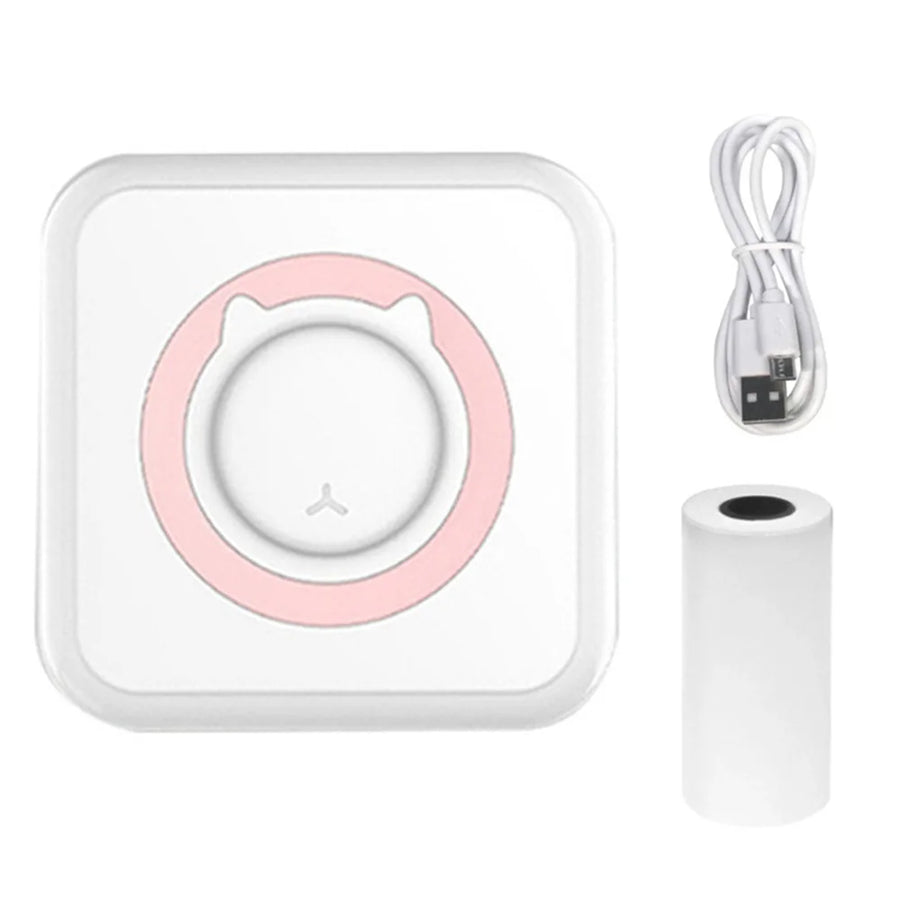 Mini Bluetooth thermal label printer in white with pink accents and USB cable on white background