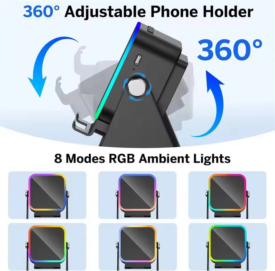 360-degree adjustable phone holder with RGB ambient lights on a light blue background