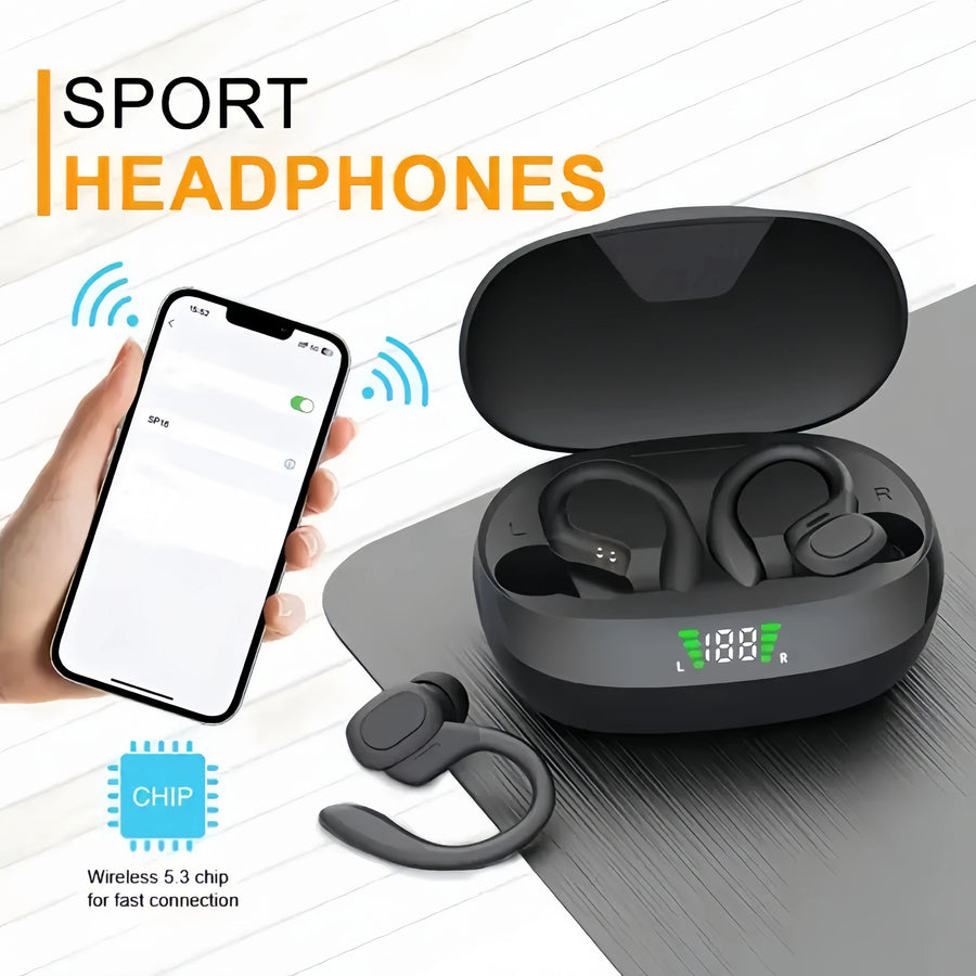 Open ear clip-on earbuds with charging case and smartphone app on white background