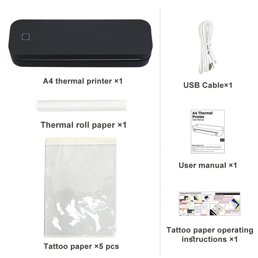 A4 thermal printer with accessories including USB cable, thermal roll paper, tattoo paper and user manual — portable wireless Bluetooth inkless mini printer