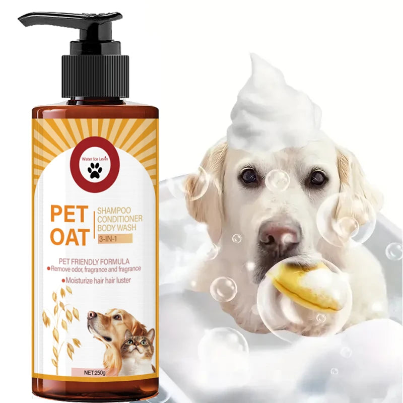 Pet shampoo bottle with a dog in bubbles on a white background