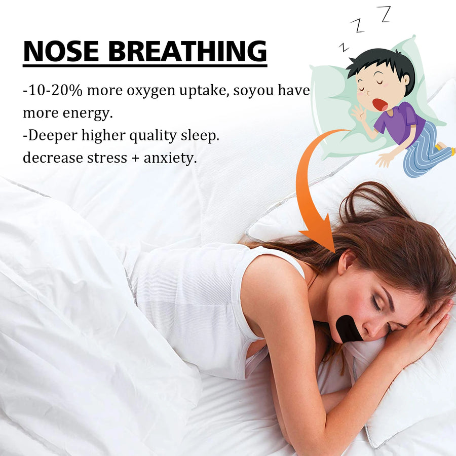 Woman sleeping with text about nose breathing benefits on a white background