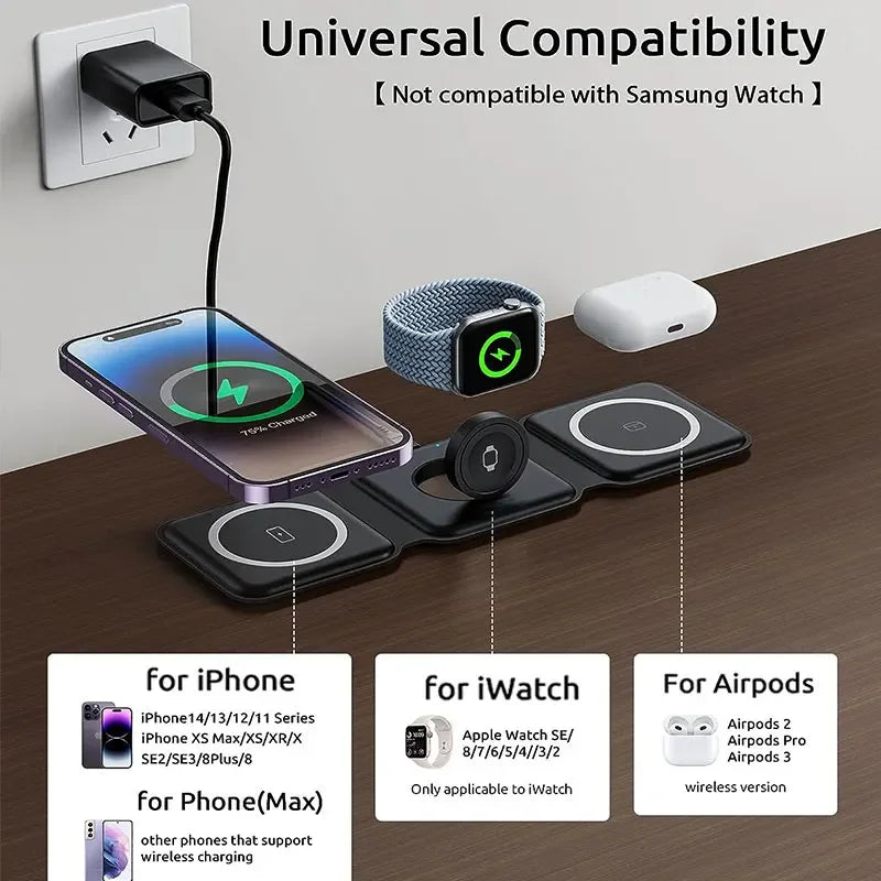 3-in-1 MagSafe Wireless Charging Station – Foldable Magnetic Travel Charger for iPhone