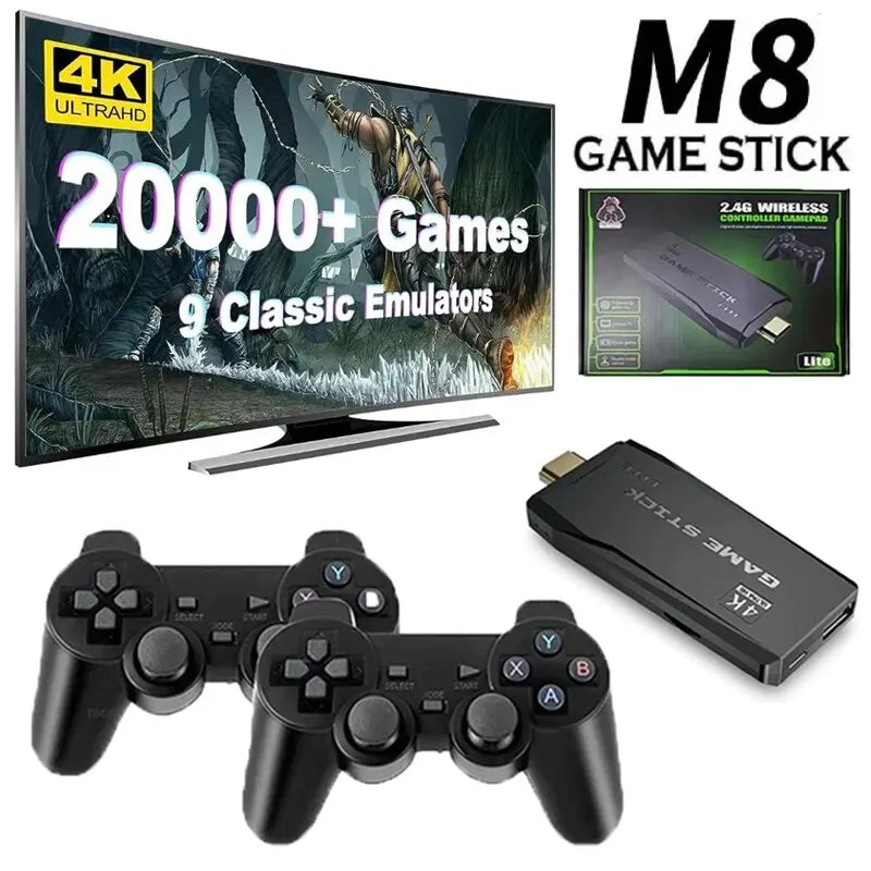 M8 game stick retro console with two wireless controllers, HDMI game stick dongle, and TV showing 20000+ games with 9 classic emulators in 4K HD