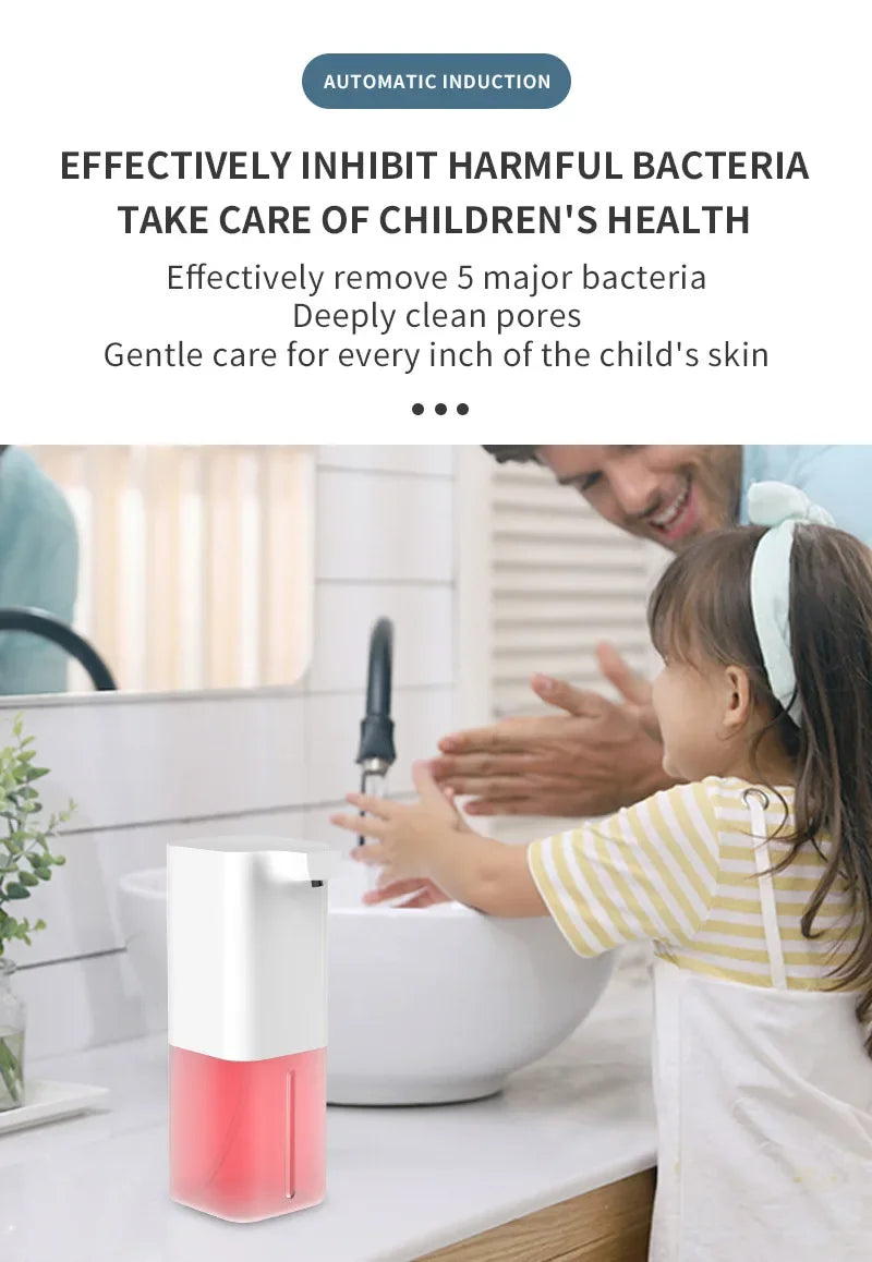Child and adult washing hands with the touchless automatic foaming soap dispenser — hygienic hand washing