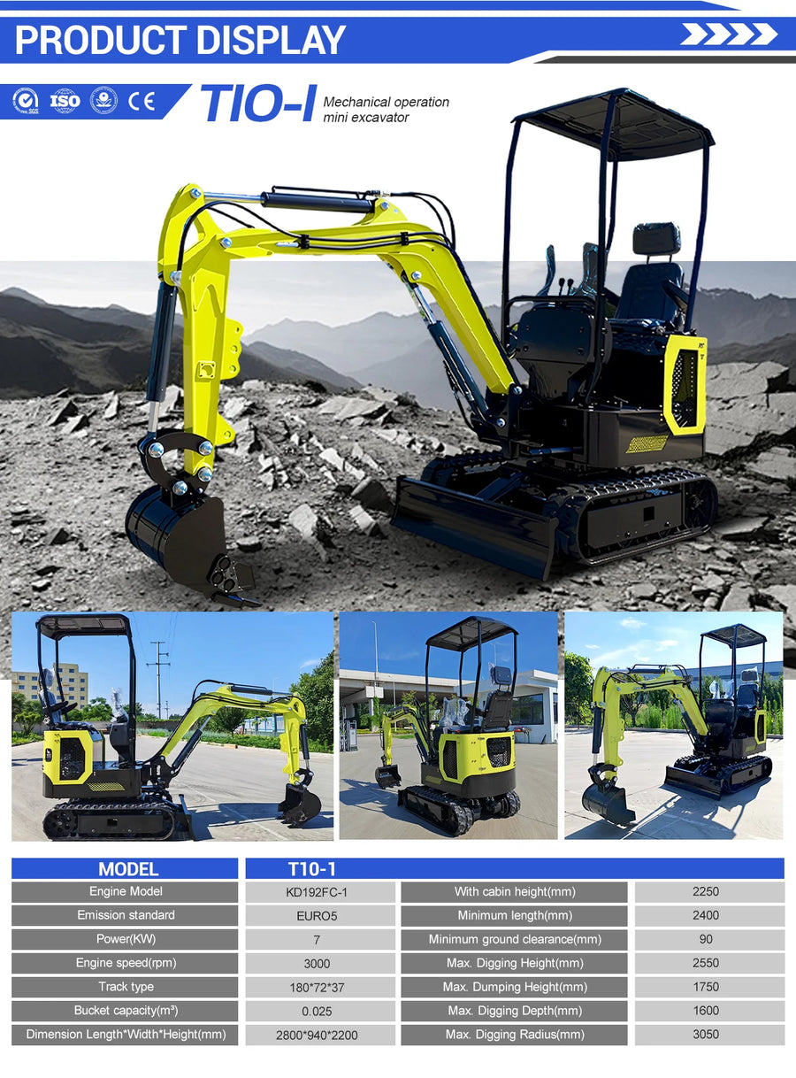 1.8 ton mini excavator – yellow excavator on rocky terrain with specifications displayed