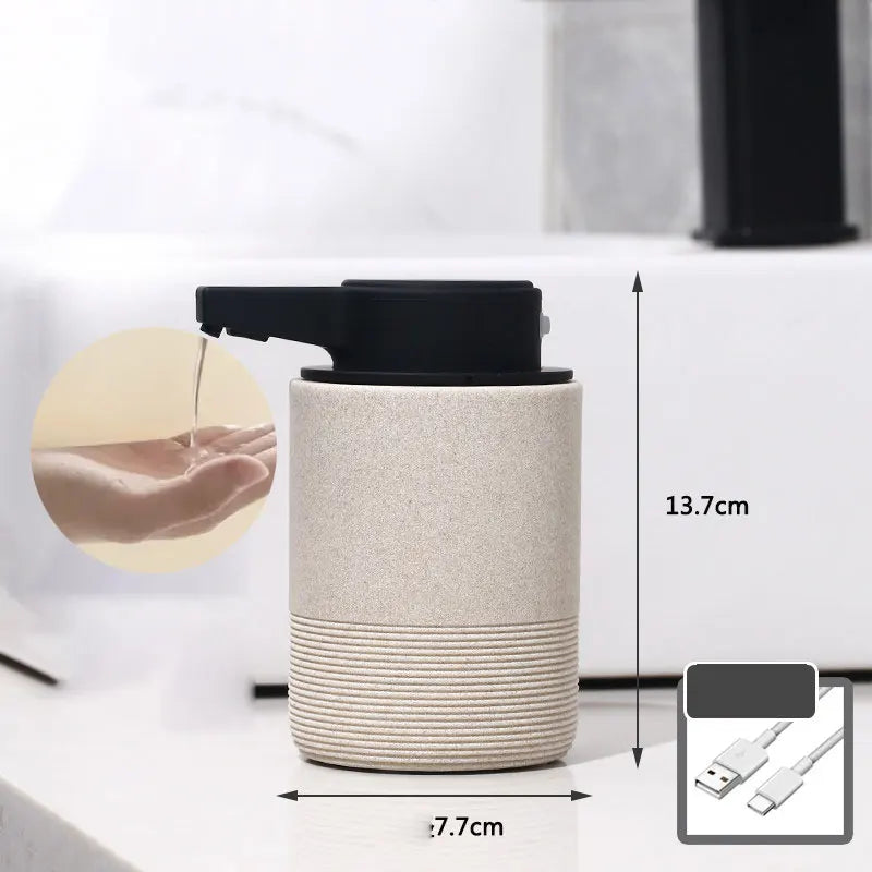 Beige touchless automatic soap dispenser with infrared sensor – foaming hand soap dispenser, textured body, black top