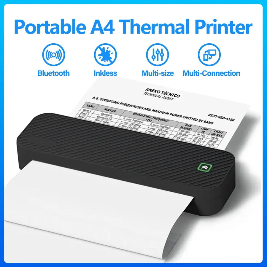 Portable A4 thermal printer printing a document — wireless Bluetooth inkless mini printer, compact black design