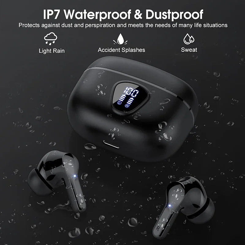 Black wireless earbuds with waterproof and dustproof features on a dark background