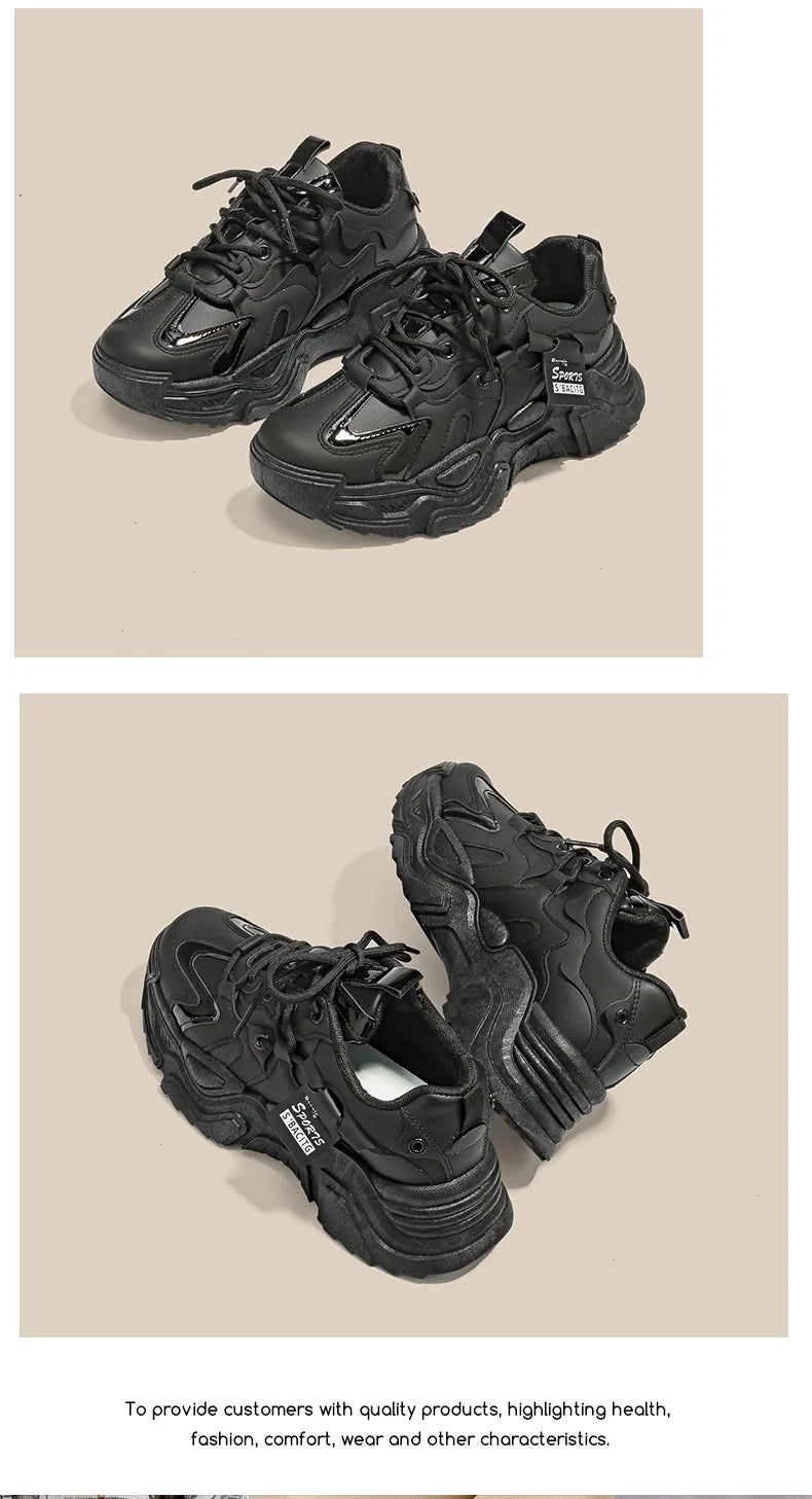 Women's Platform Leather Sneakers – Versatile Black Lace-Up (2025)