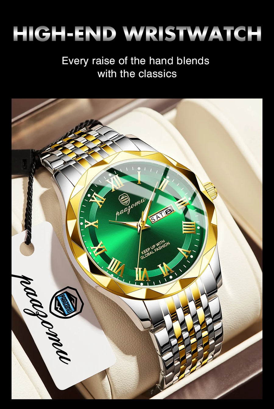 Men's minimalist quartz leisure watch – high-end wristwatch with green face and gold accents on white box, brand name visible