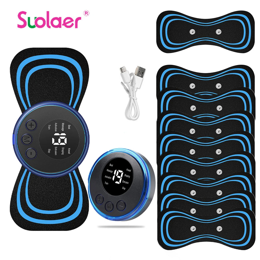 Mini portable EMS neck massager kit with round controller, adhesive pulse pads and USB charging cable
