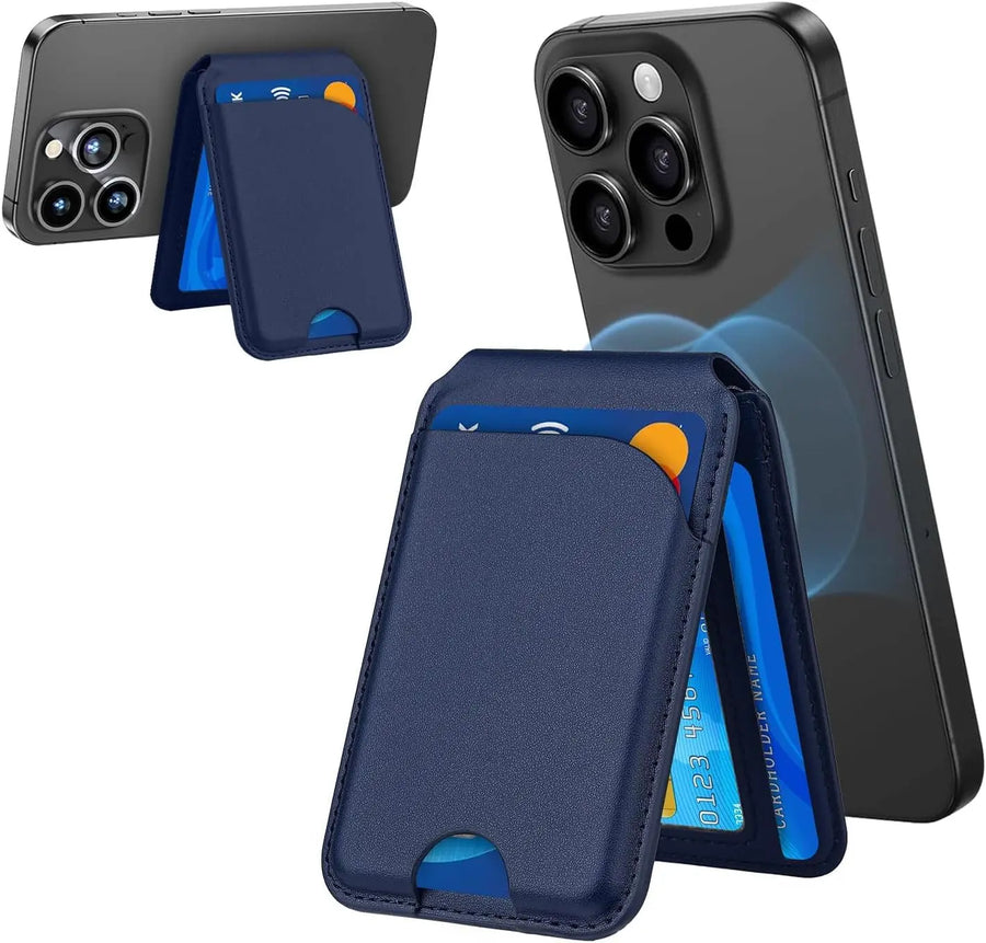 Blue phone case with card holder attached to a smartphone on a white background